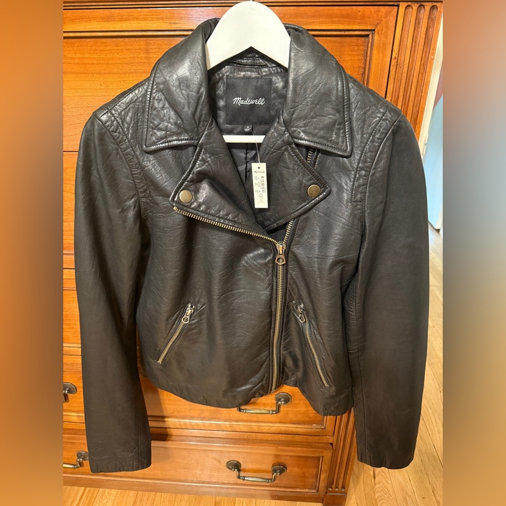 NWT Madewell Black Leather Jacket size Medium Brass Hardware Edition - Picture 4 of 13